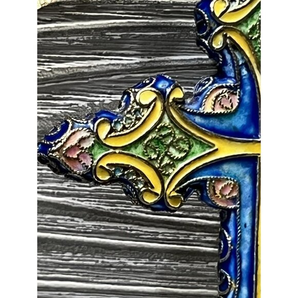 Metallic Cross Christmas Ornament 6” Blue Yellow Gold Ribbon Unique Hand Painted - Picture 7 of 12